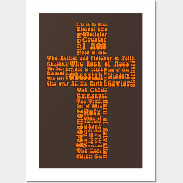 Funky Orange Retro Style names of Jesus Cross Wall Art by AlondraHanley